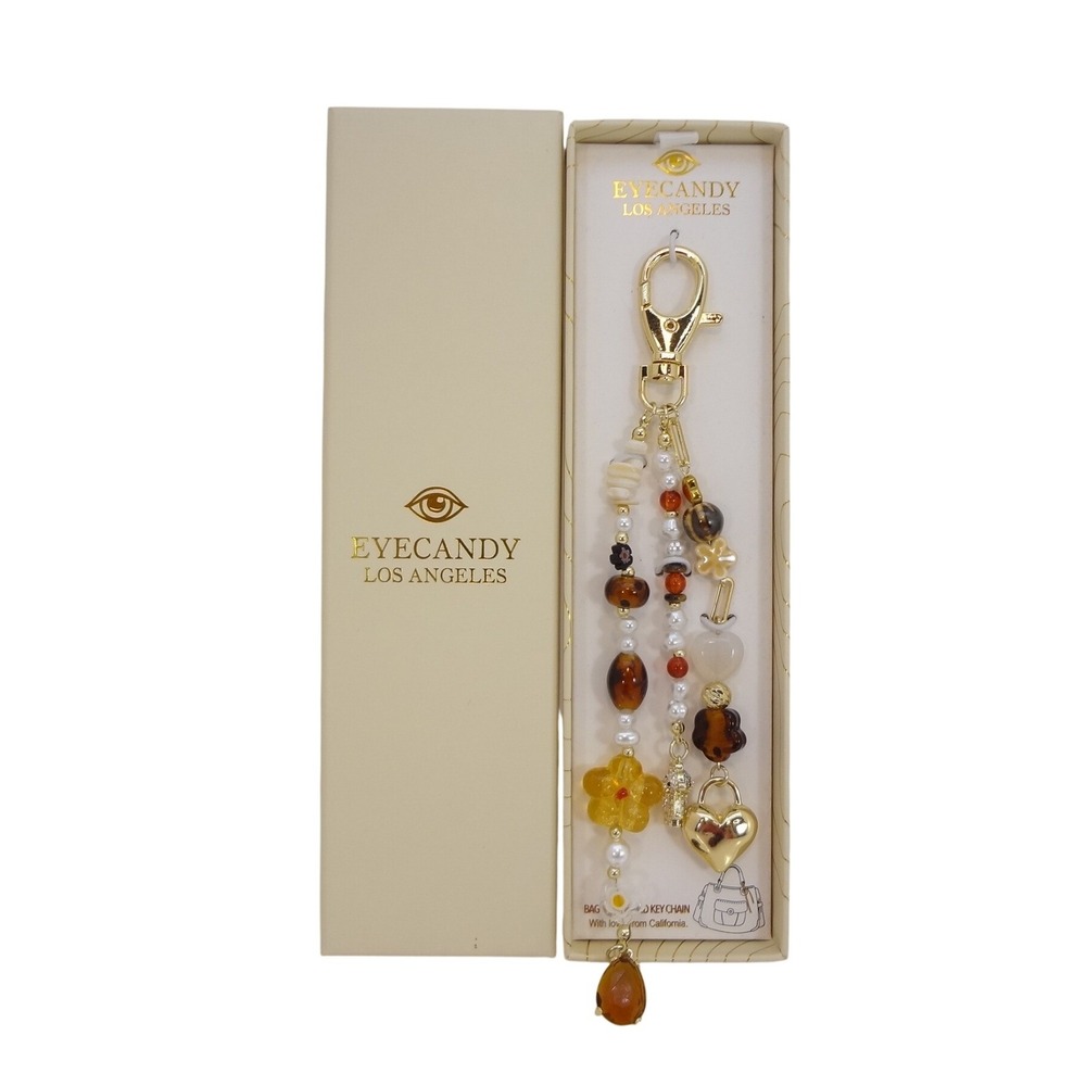 Eyecandy Los Angeles Bag Charm Gold Amber NEW Beaded Heart Boho Keychain